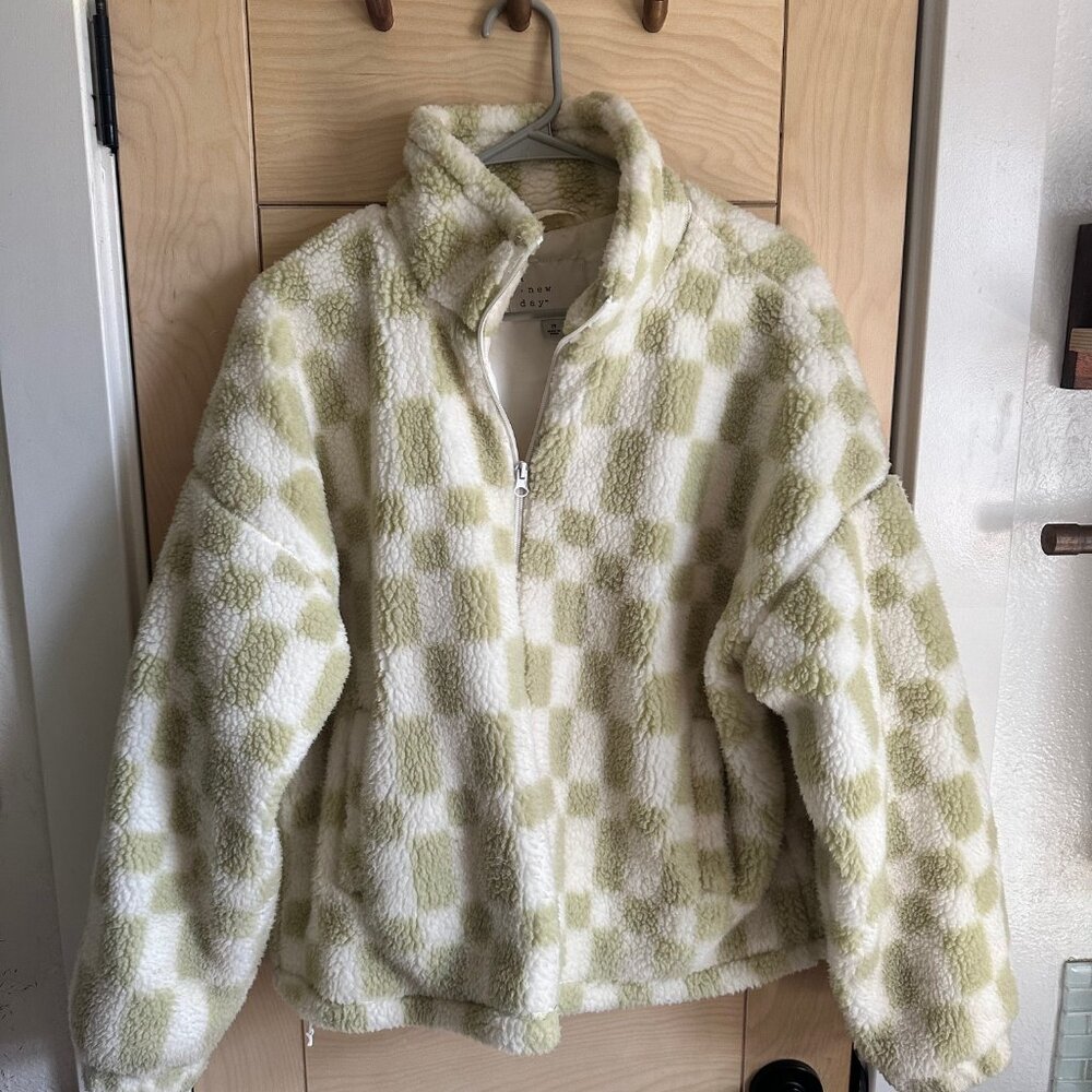 Checkered Fleece Sherpa Coat Size M